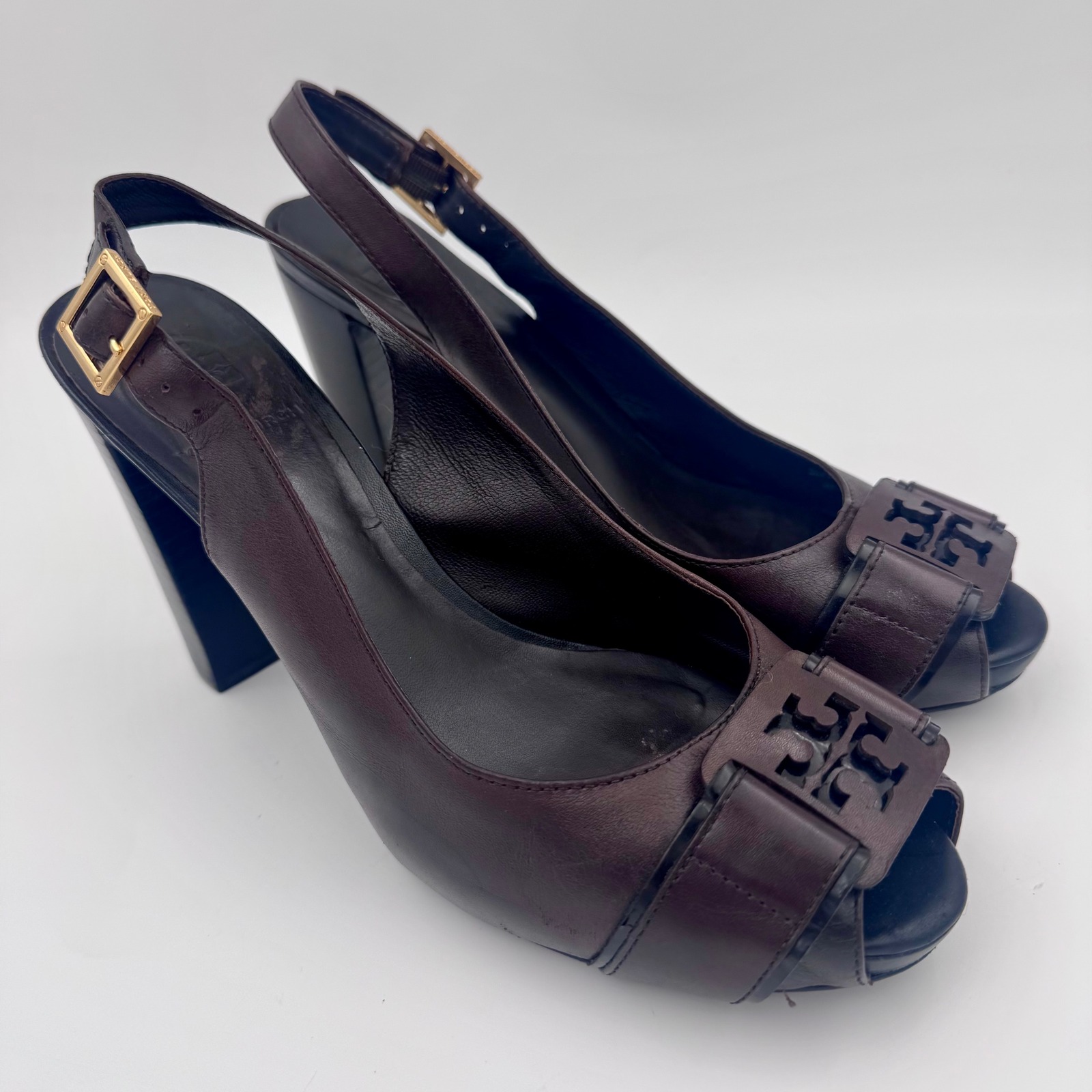 Tory Burch Dark Brown Leather Peep Toe 8m Slingback Block Heel Pumps